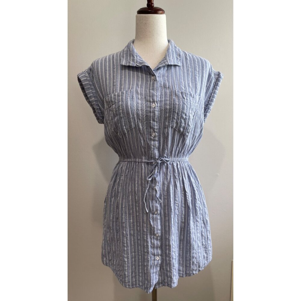 Japna Shirt Dress Womens M Blue Stripe Dolman Sleeve Collard Pockets 100% Cotton